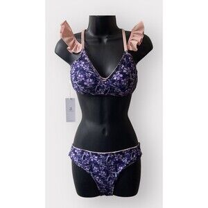 Cupshe High Waist Crisscross Back Ruffled Shoulder Bikini Set Purple Floral Sz S